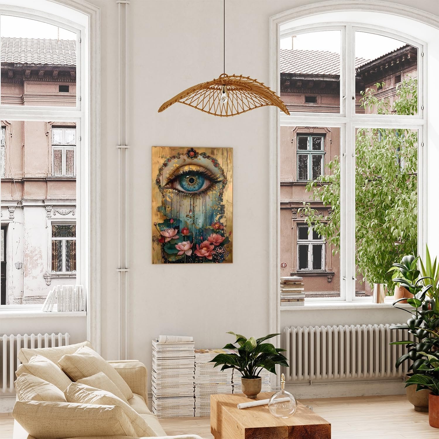 Living room with a framed eye and lotus painting on the wall, large windows, and a sofa.