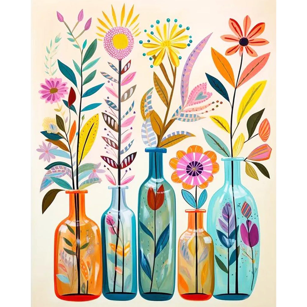 Paint by Numbers canvas featuring five colorful vases with abstract floral arrangements, front view.