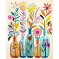 Paint by Numbers canvas featuring five colorful vases with abstract floral arrangements, front view.