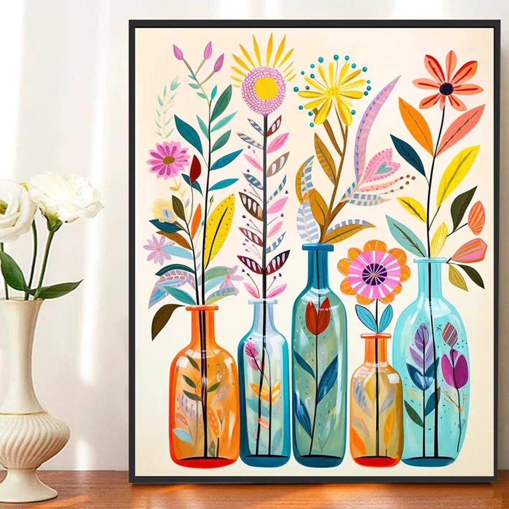 Colorful abstract floral arrangement in vases, framed art print