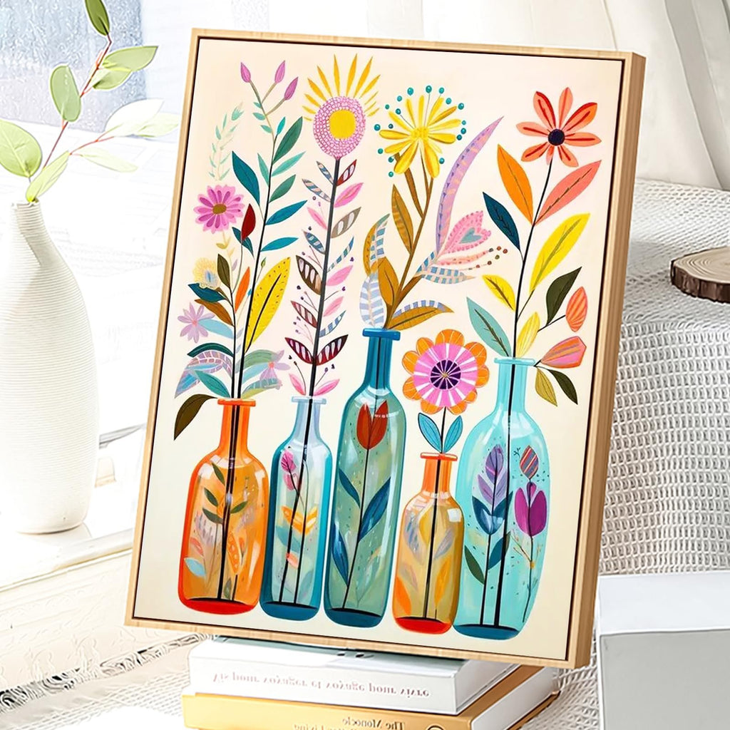 Framed paint by numbers canvas featuring colorful abstract flowers in vases against a light background.