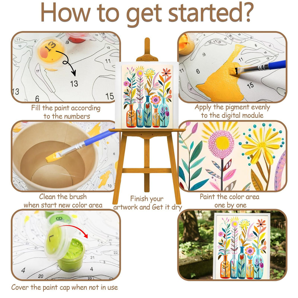 Paint by numbers kit instructions showing steps like filling paint, cleaning brush, and finishing artwork.