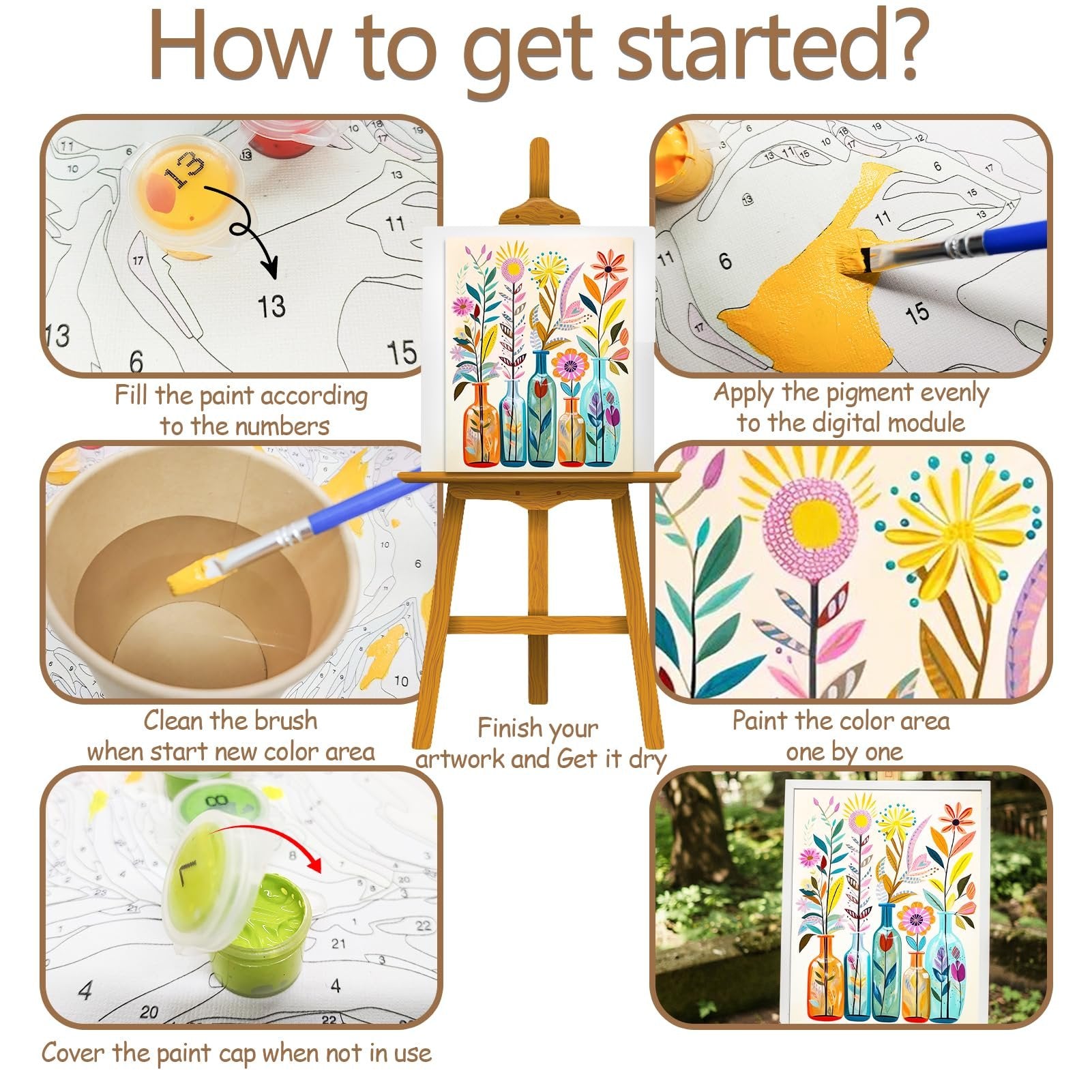 Paint by numbers kit instructions showing steps like filling paint, cleaning brush, and finishing artwork.