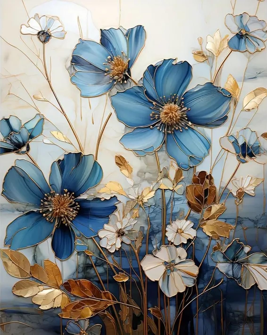 Close-up of a painting with blue and white flowers with gold accents, rendered in a stained-glass style.
