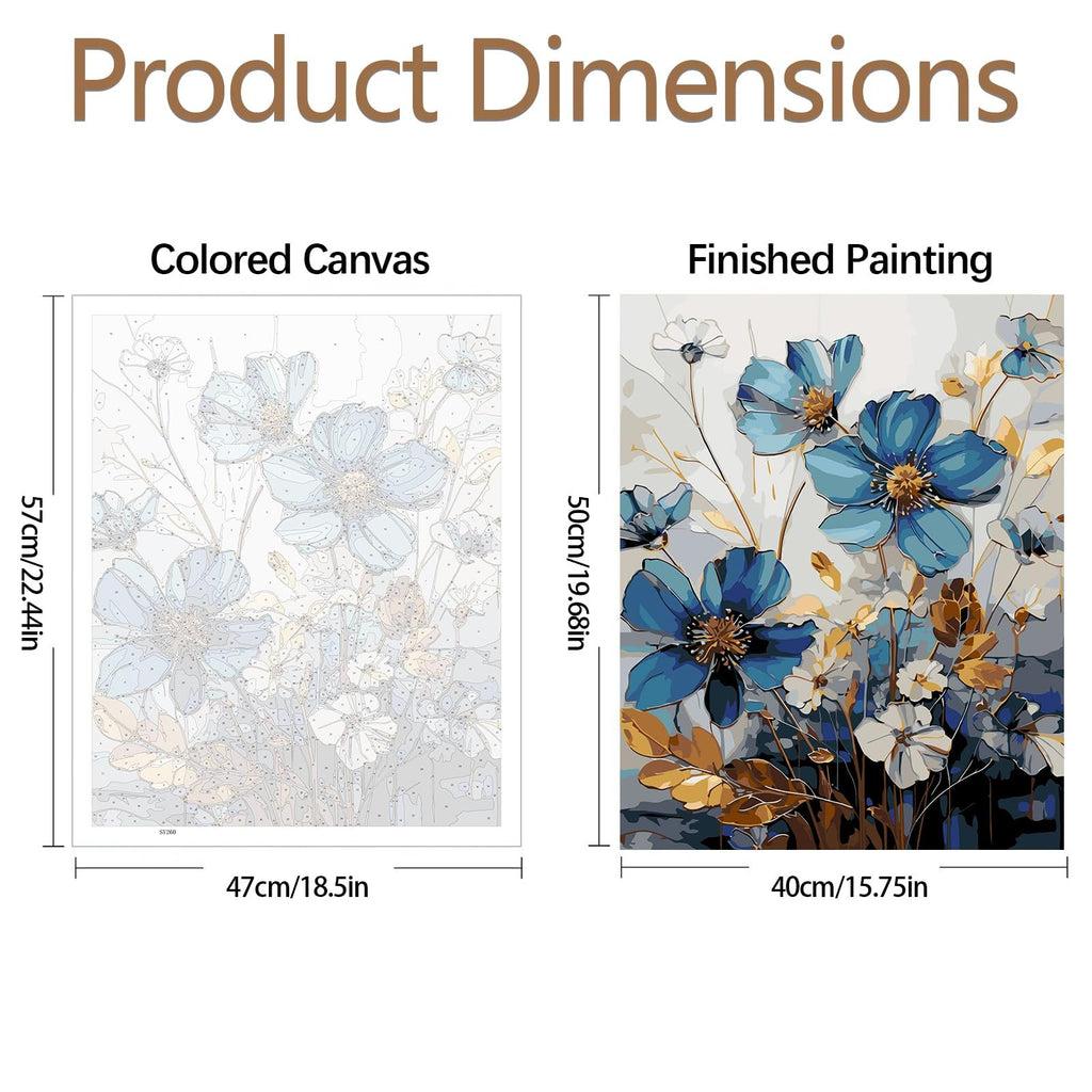 Paint by Numbers kit comparison showing colored canvas and finished painting with dimensions.