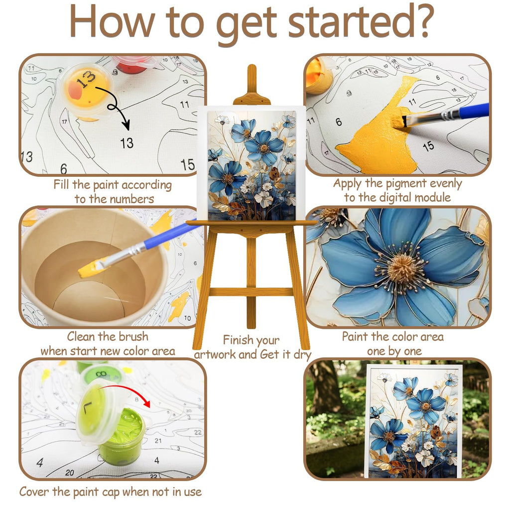 Paint by Numbers kit instructions showing steps: filling paint, cleaning brush, applying pigment, finishing artwork, and covering paint.