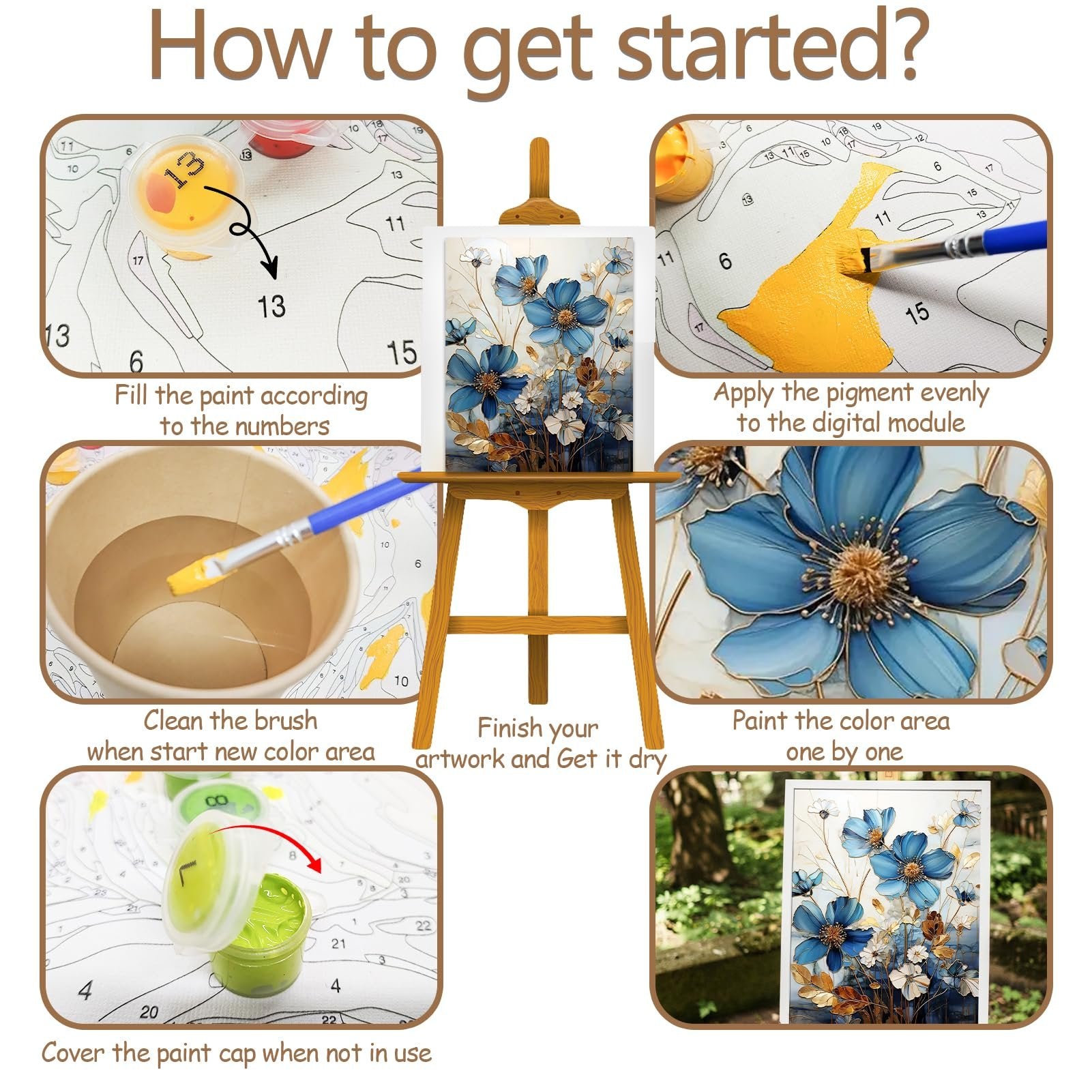 Paint by Numbers kit instructions showing steps: filling paint, cleaning brush, applying pigment, finishing artwork, and covering paint.