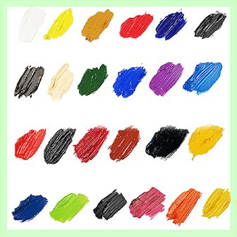 Swatches of 24 acrylic paint colors arranged in four rows on a white background.