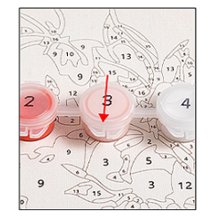 Paint by numbers canvas with numbered sections and three small paint pots labeled 2, 3, and 4.