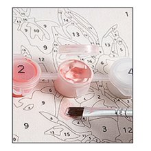 Paint by numbers canvas with numbered sections, small paint pots labeled 2 and 4, and a brush with pink paint.