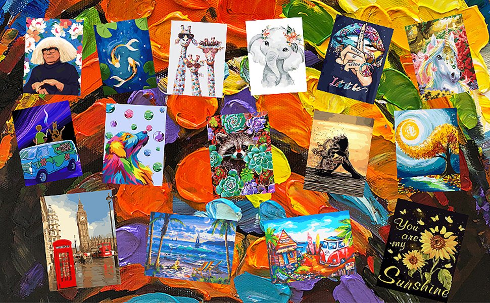 Collage of paint by numbers kit designs including a person, koi fish, giraffes, elephant, raccoon, unicorn, van, dog, London scene, beach, and sunflowers.