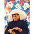 Painting by numbers kit canvas featuring a portrait of a man with a white wig and glasses surrounded by colorful flowers.