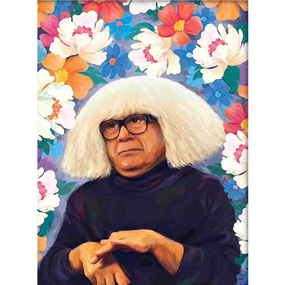 Painting by numbers kit canvas featuring a portrait of a man with a white wig and glasses surrounded by colorful flowers.