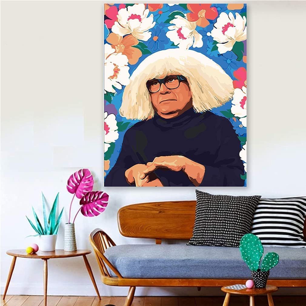 Paint by numbers canvas featuring a portrait of a man with a white wig and glasses against a floral background.