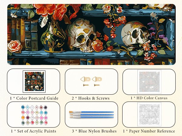 Paint by numbers kit contents including canvas, paints, brushes, and reference guides.