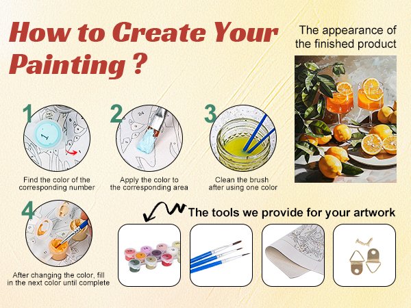 Paint by numbers instructions showing steps 1-4 and included tools, with a finished painting of citrus drinks.