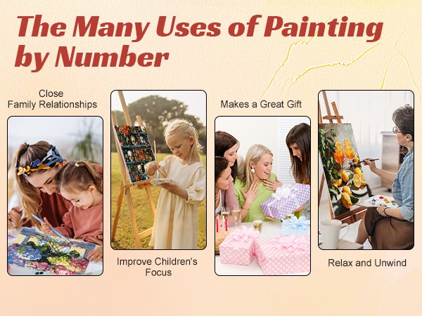 Collage showing the many uses of painting by number, including family time, focus, gifts, and relaxation.