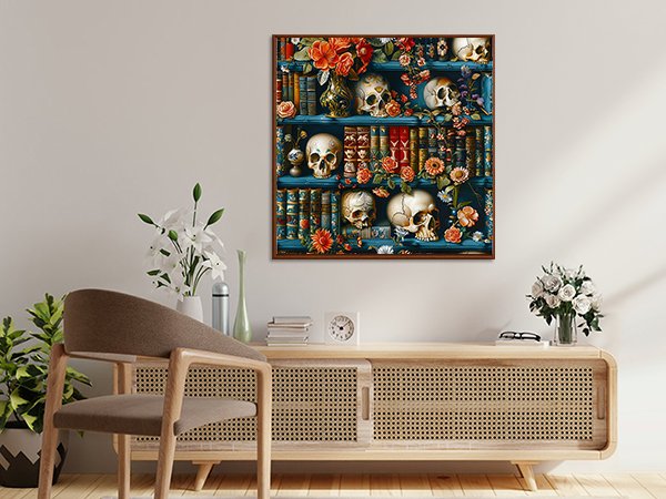 Framed paint by numbers canvas featuring skulls and flowers on bookshelves, displayed above a wooden cabinet.