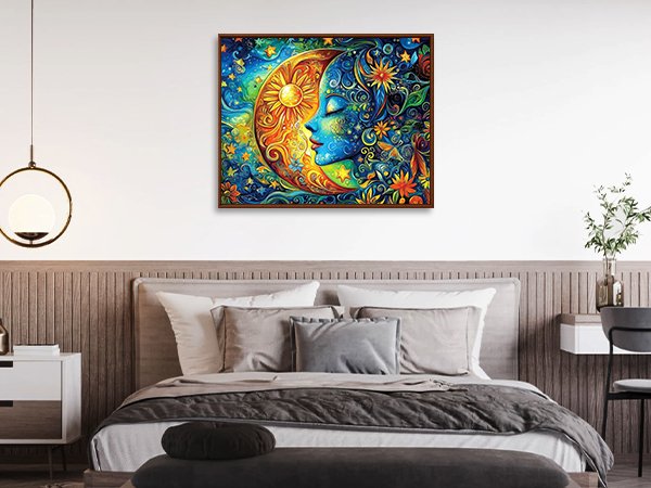 Colorful painting of the sun and moon faces hanging above a bed in a bedroom.