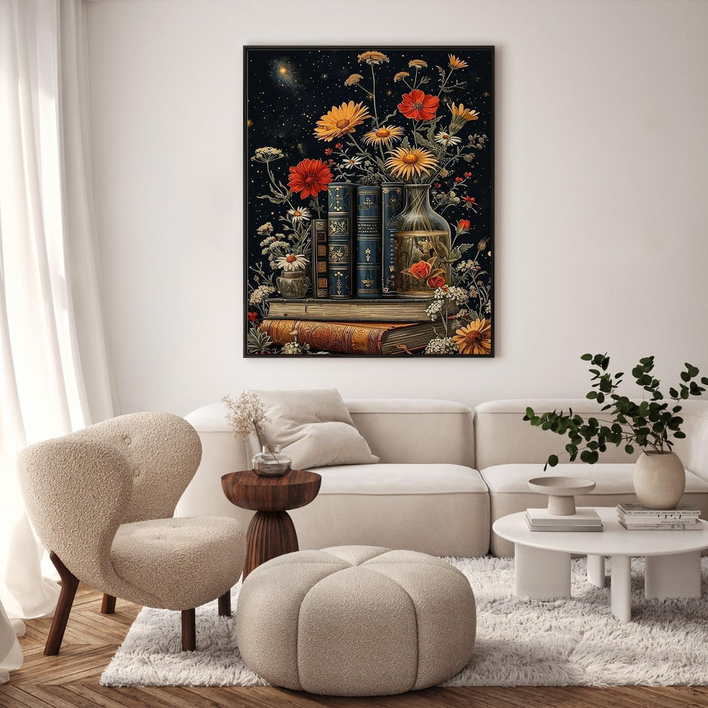 Framed painting of vintage books and flowers against a starry night sky, displayed in a modern living room.