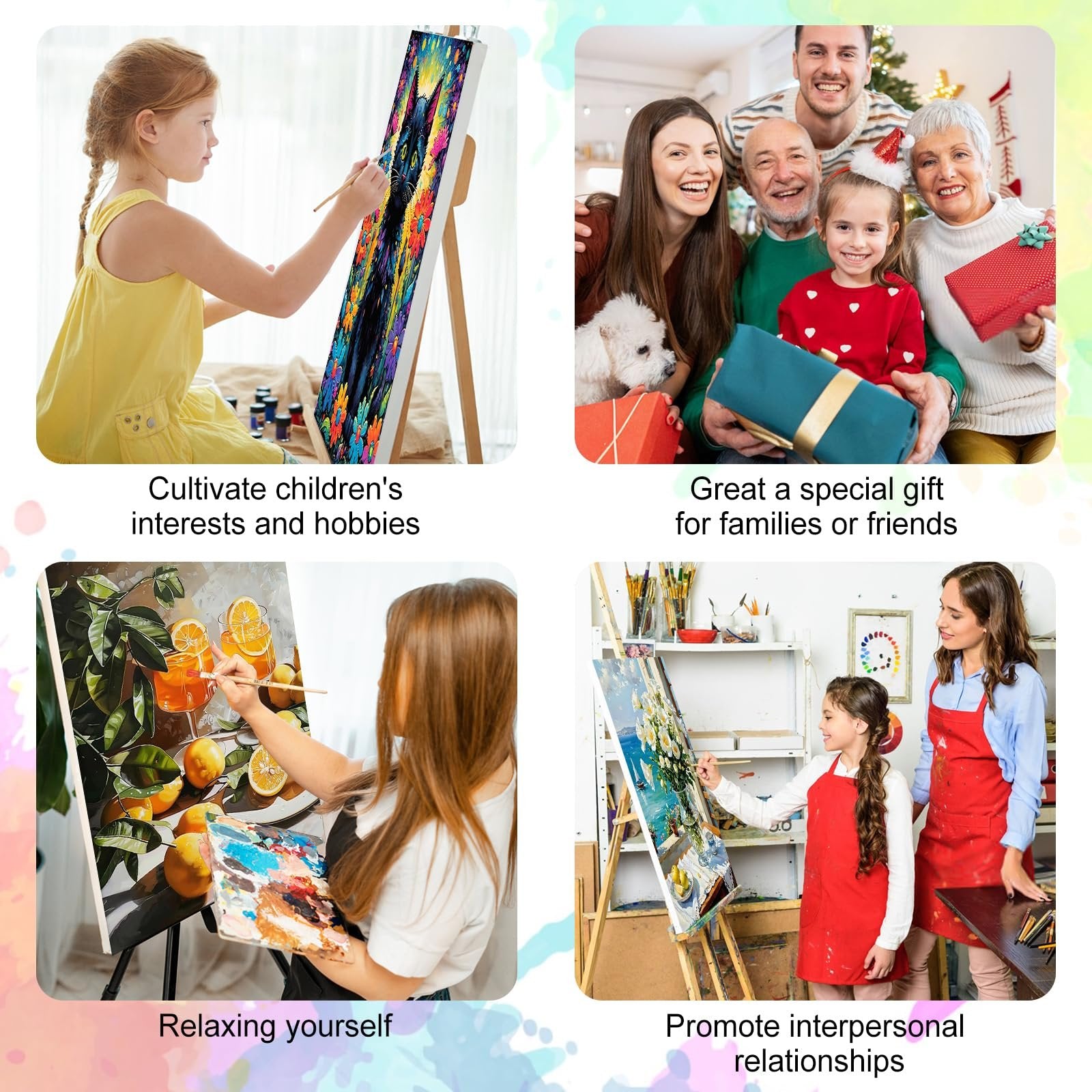 Collage of four scenes related to painting by numbers: child painting a cat, family with gifts, person painting fruit, and two people painting in a studio.