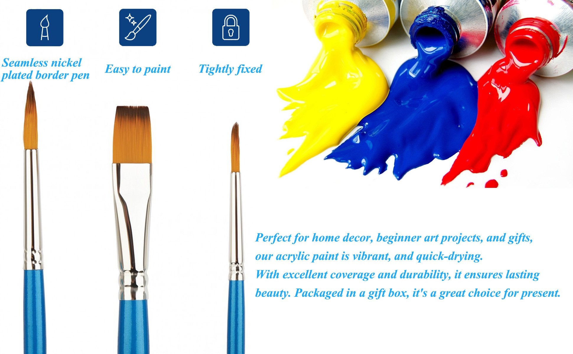 Paint brushes and tubes of yellow, blue, and red acrylic paint spilling out.
