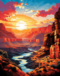 Vibrant painted landscape of a canyon with a river at sunset, dramatic clouds and sun rays.