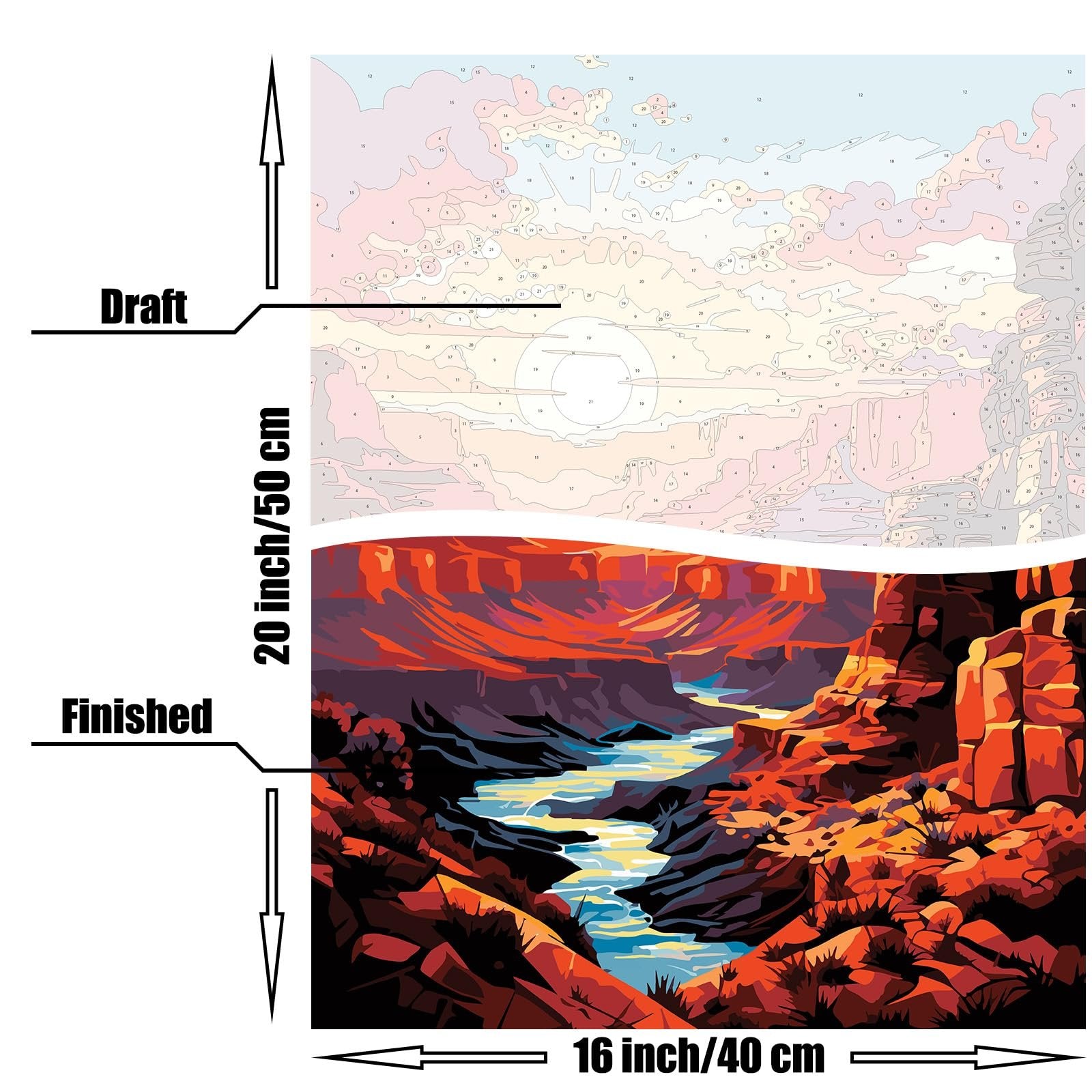 Paint by numbers kit showing a draft and finished view of a Grand Canyon landscape with a river