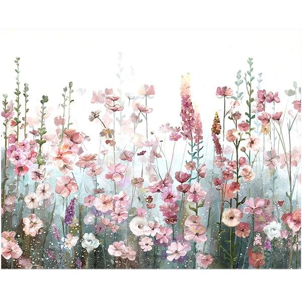 Pink wildflower floral design painting on canvas, watercolor style with soft focus background.