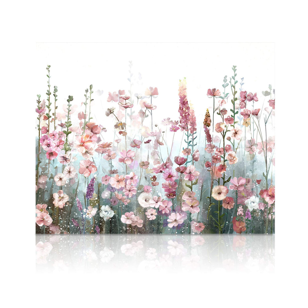 Pink wildflower floral design painted on canvas, with reflection below.