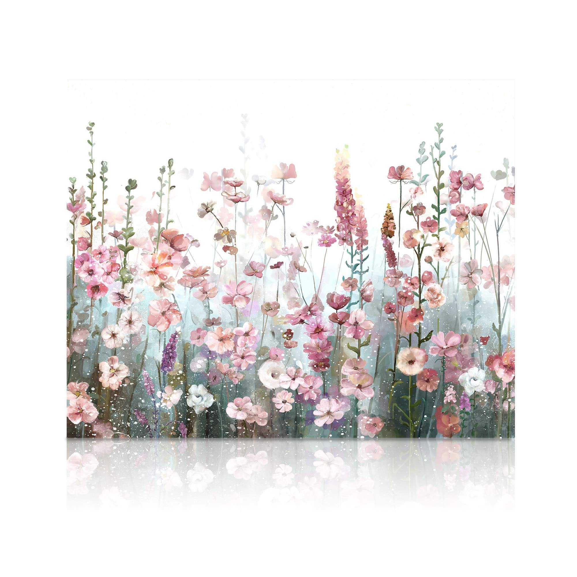 Pink wildflower floral design painted on canvas, with reflection below.