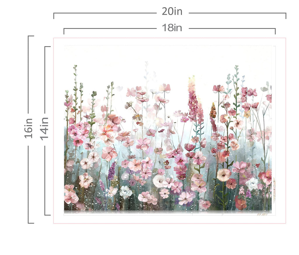 Pink wildflower floral design paint by numbers canvas with dimensions indicated