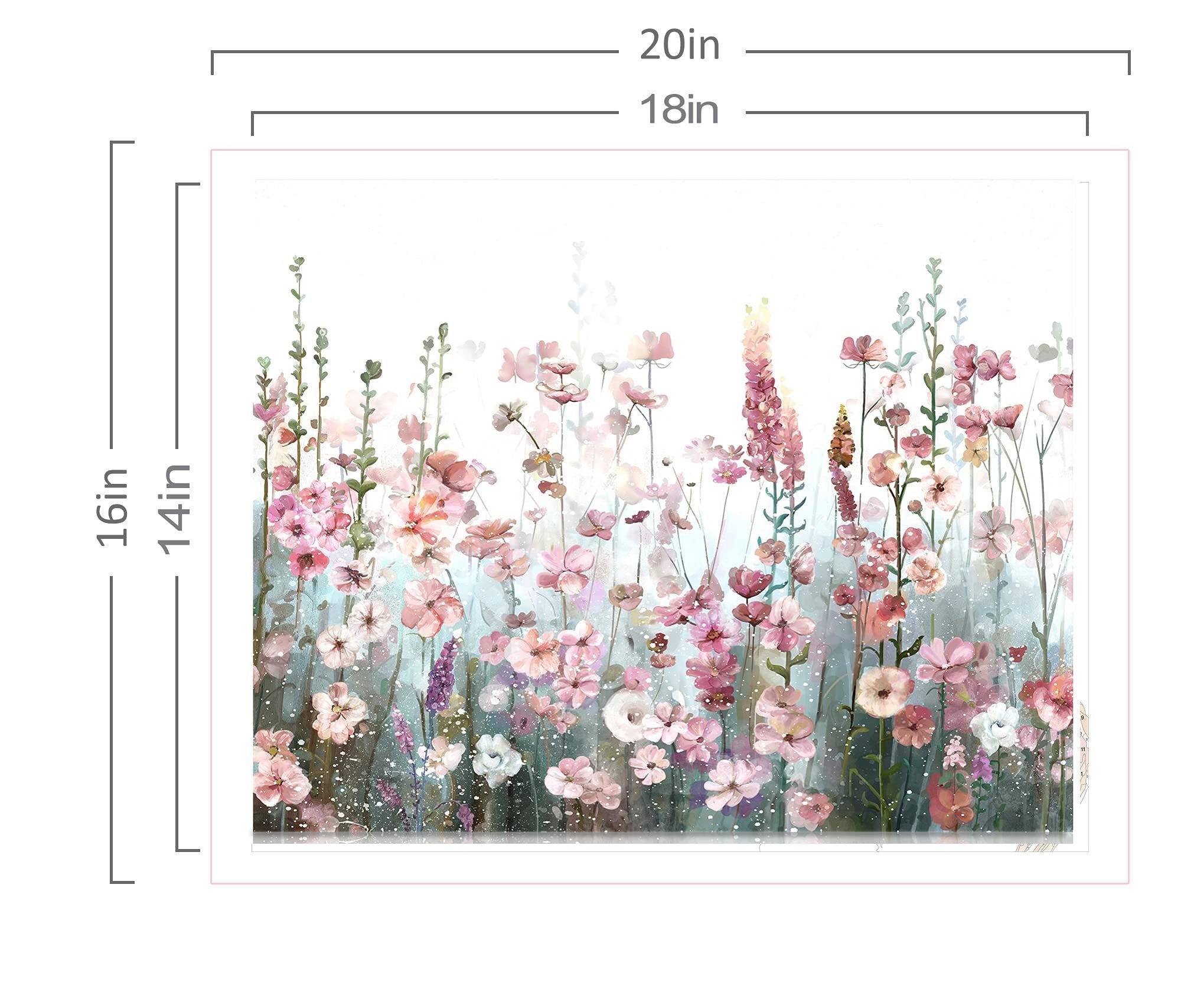 Pink wildflower floral design paint by numbers canvas with dimensions indicated
