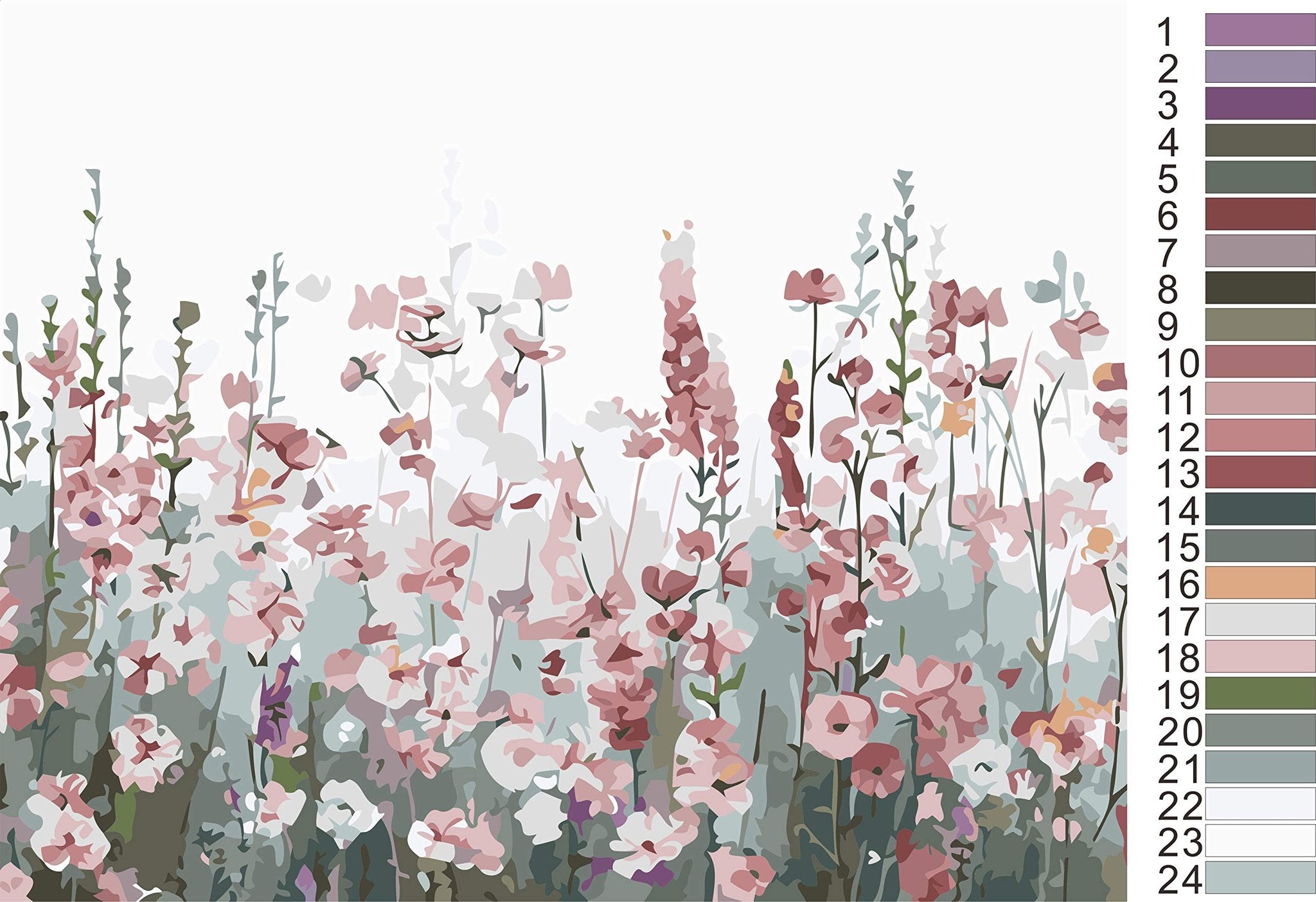 Paint by numbers canvas with pink wildflowers and numbered color swatches on the right