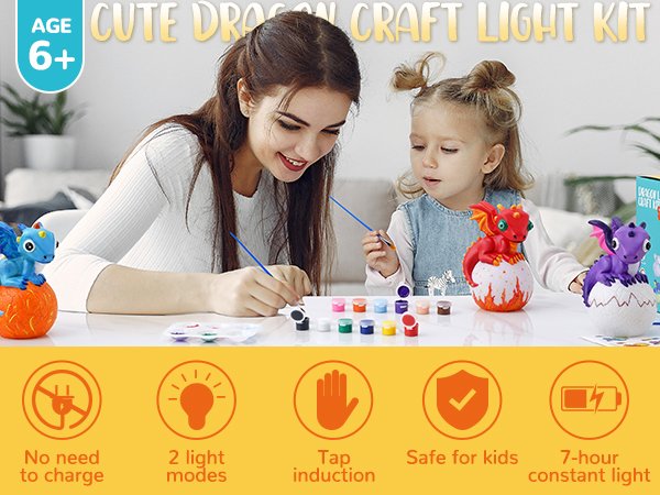 Mother and child painting dragon lamps, with paint pots and brushes on table.