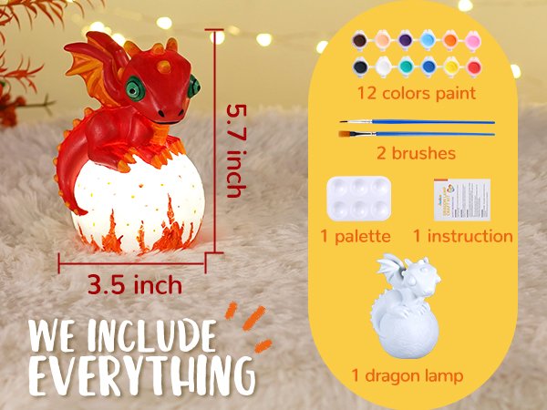 Paint-your-own dragon lamp kit contents including painted dragon lamp, 12 colors of paint, 2 brushes, palette, and instructions.