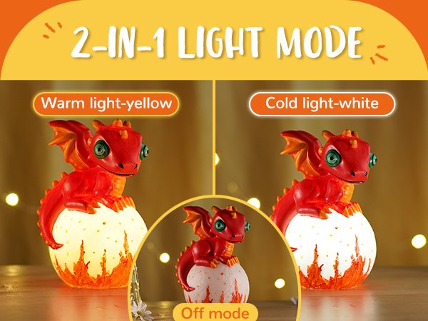 Red dragon lamp in eggshell base shown in warm, cold, and off light modes.