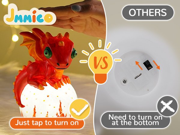 Red dragon lamp in an eggshell, with a hand tapping it to turn on, compared to a battery compartment on the bottom.