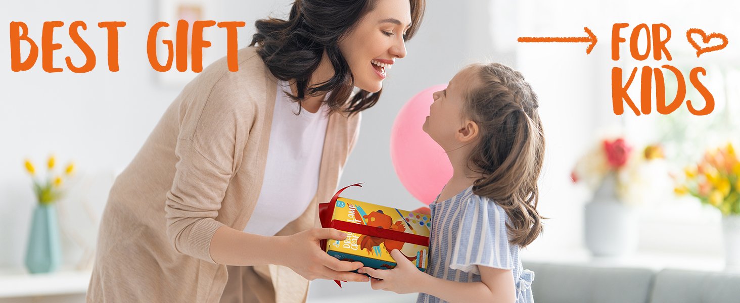 Mother giving a paint-your-own dragon lamp kit to her daughter, with text overlays 'BEST GIFT' and 'FOR KIDS'.