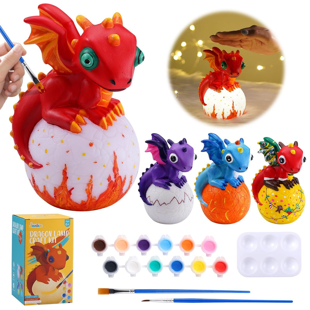 Paint-your-own dragon lamp craft kit with paints, brushes, palette, and multiple dragon figures.