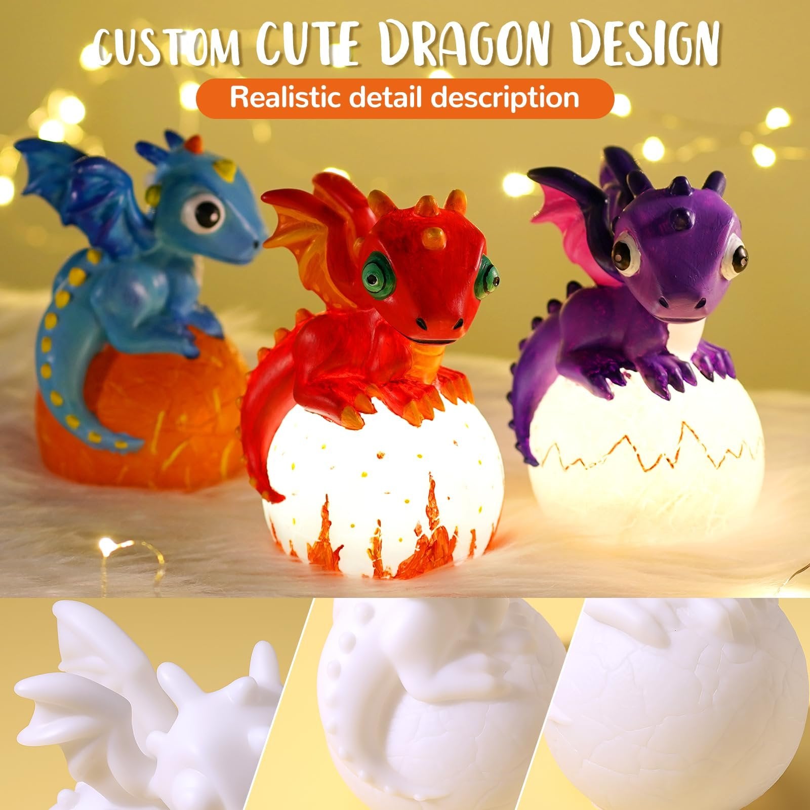 Three dragon lamps in blue, red, and purple, each sitting on a glowing egg base, with close-up detail shots below.
