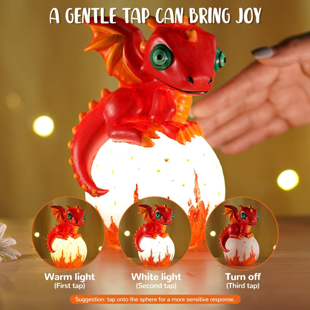 Red dragon lamp on an egg base, showing warm light, white light, and off modes with text overlays.