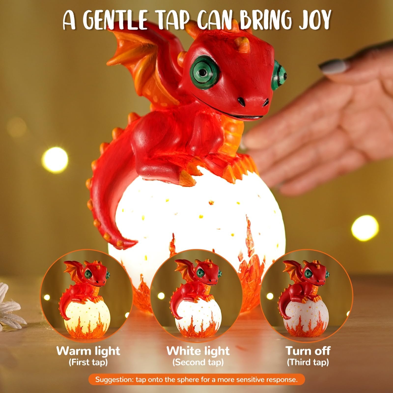 Red dragon lamp on an egg base, showing warm light, white light, and off modes with text overlays.