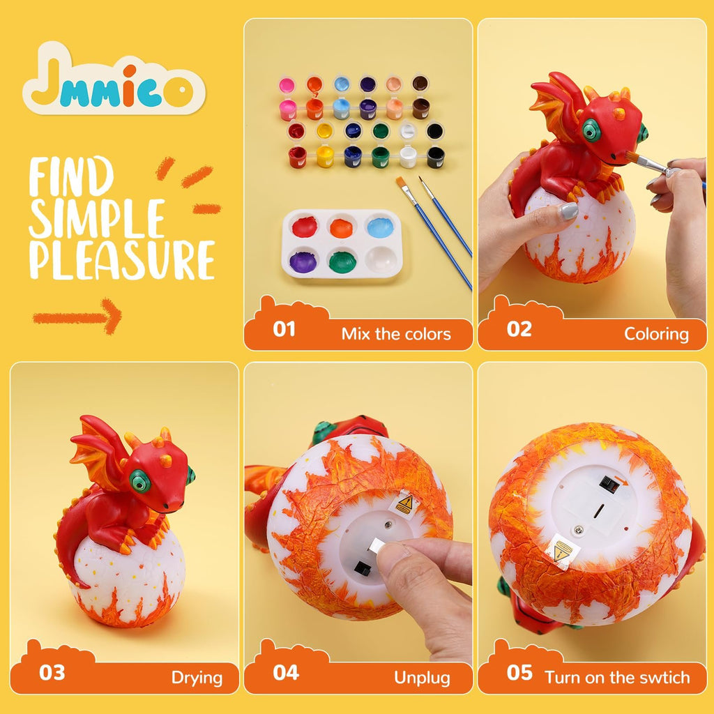 Paint-your-own dragon lamp kit showing steps: mixing colors, coloring dragon, drying, unplugging battery, turning on switch.