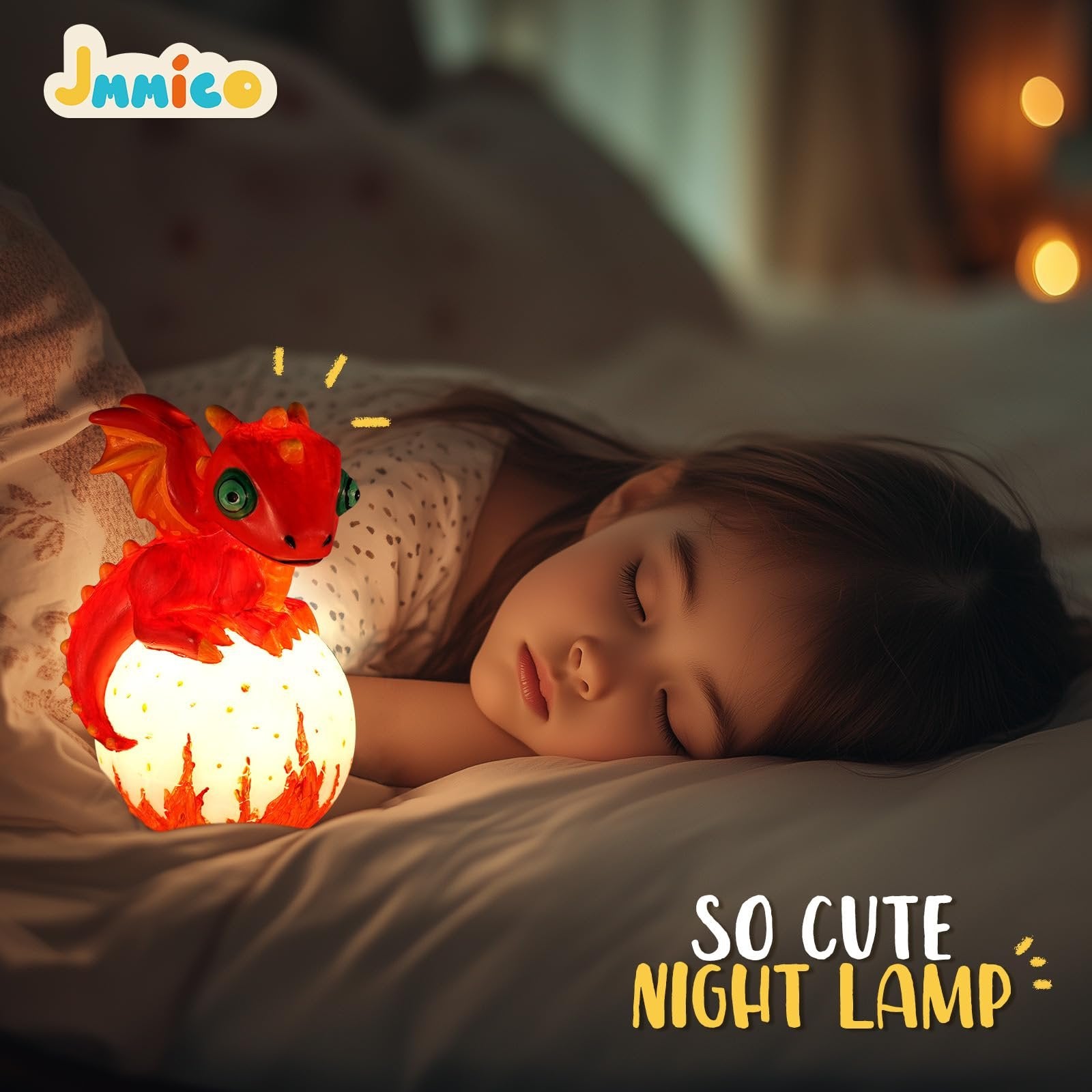 Red dragon night light sits beside a sleeping child on a bed, with text overlay.