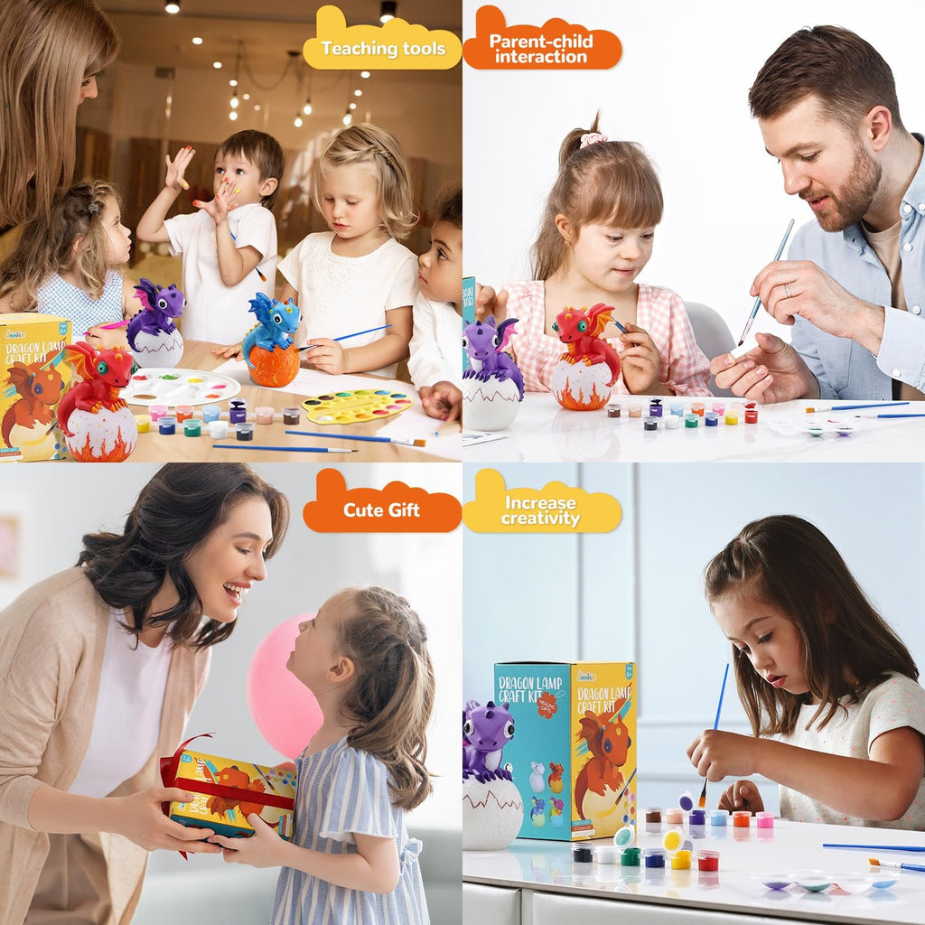 Collage of children and adults painting dragon lamp craft kits, showing parent-child interaction and gift-giving.