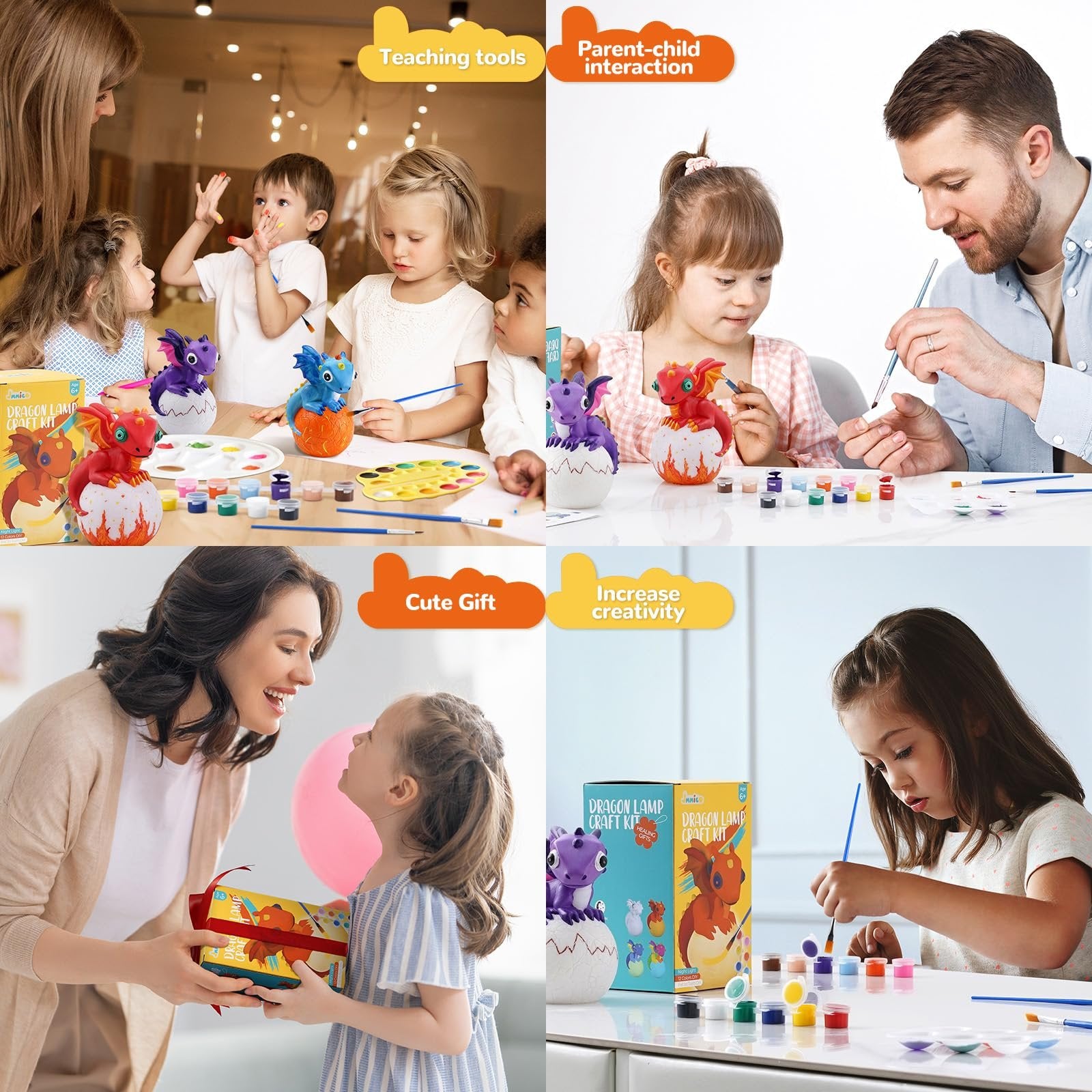 Collage of children and adults painting dragon lamp craft kits, showing parent-child interaction and gift-giving.