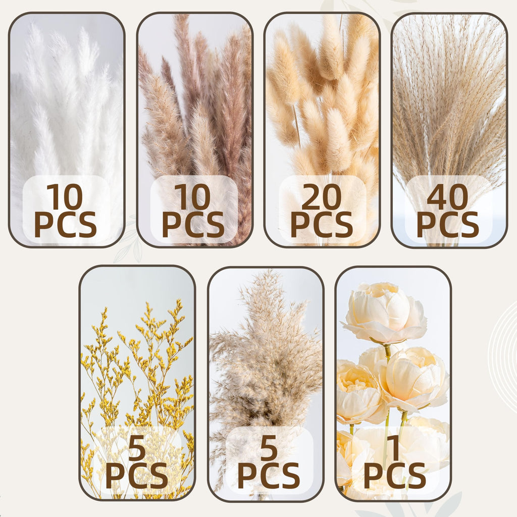 Collage of dried flowers and pampas grass bouquets in various colors and quantities.