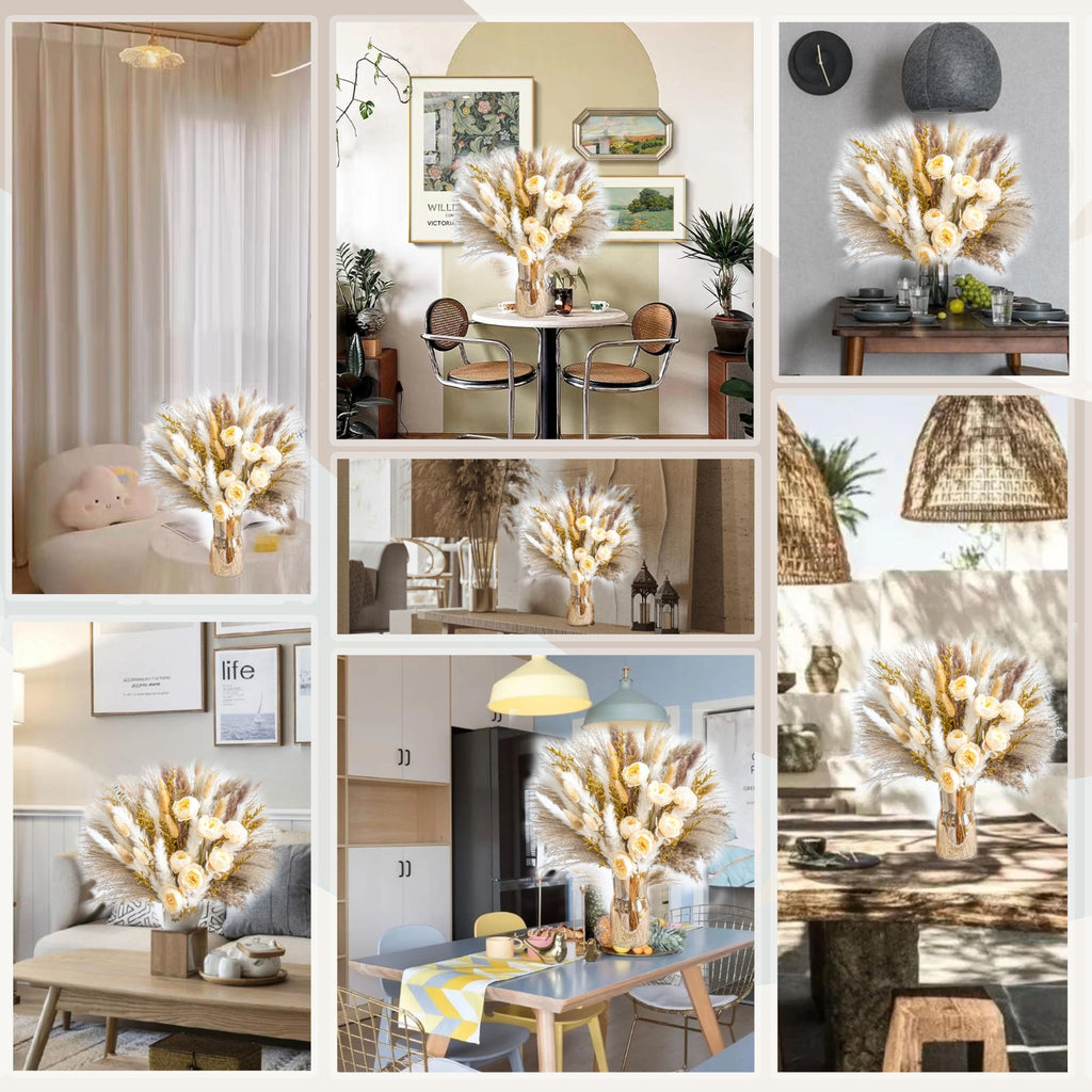Collage of boho pampas grass and dried flower bouquets in various home decor settings.