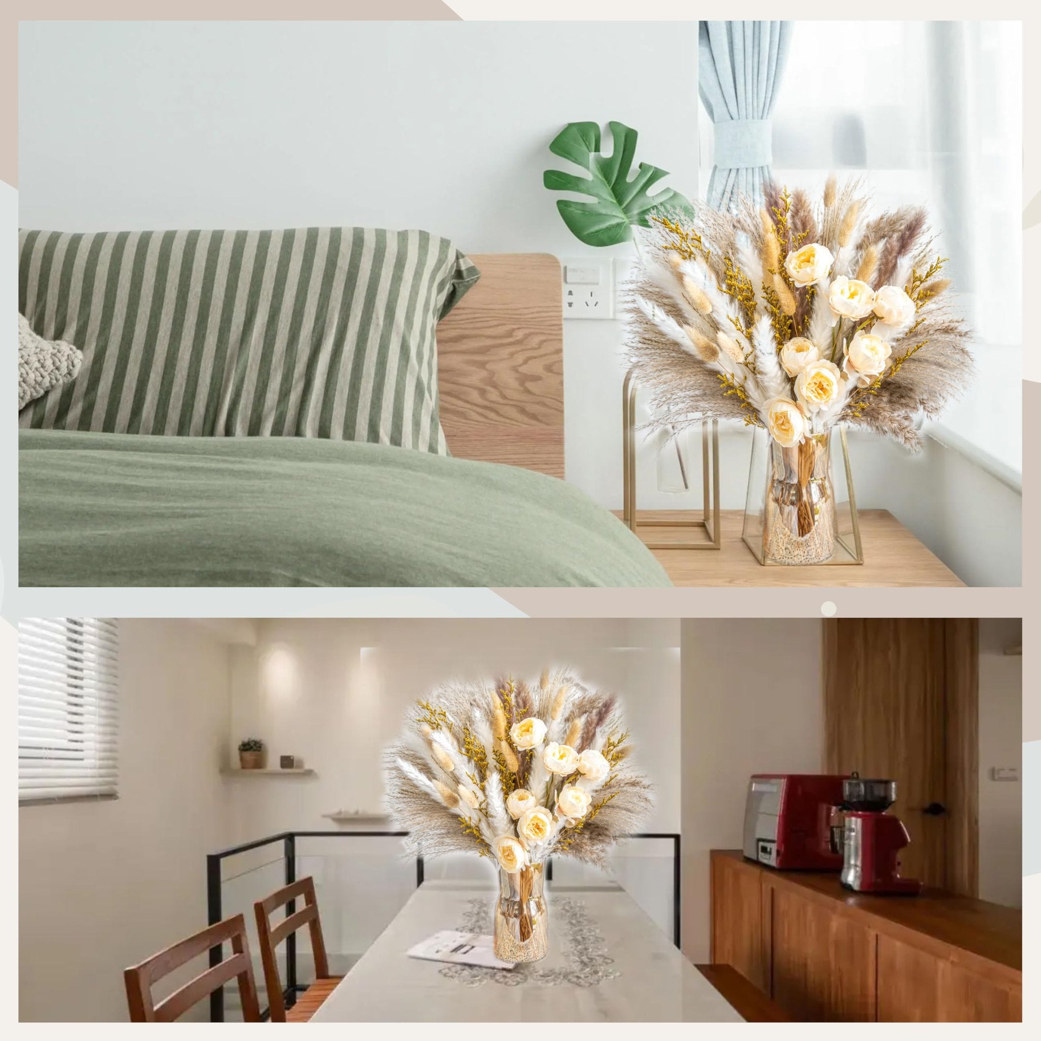 Boho dried flower and pampas grass bouquet in a vase on a table and bedside table.